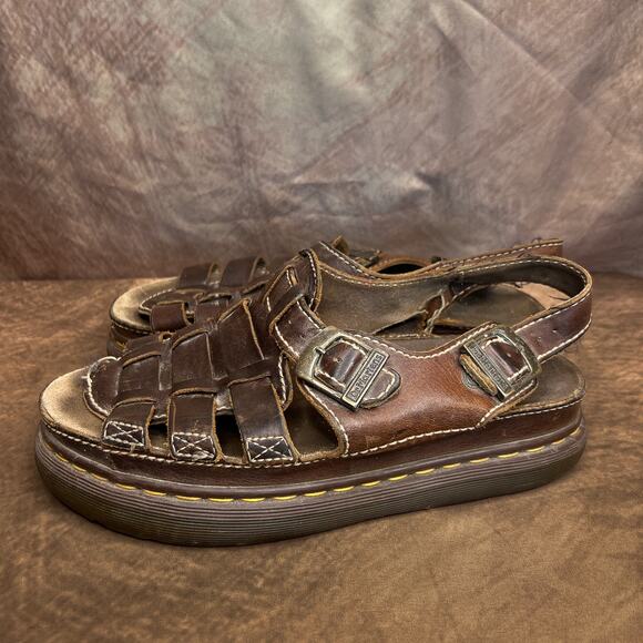 Vintage 90s Dr. Martens Fisherman Sandals Brown Leather Buckle Chunky Men's 12 - Picture 3 of 16